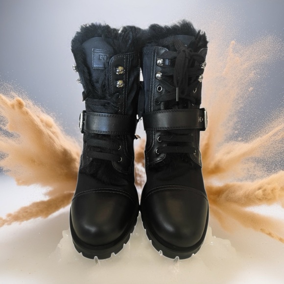 🆕 PRADA Faux Fur Trim Combat Biker Moto Boots Black Leather & Nylon • 37 EU - Picture 1 of 11